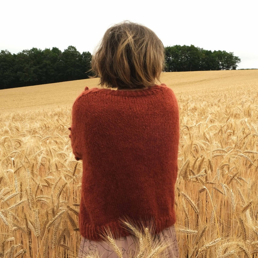 a young woman wearing a red handknitted sweater in a corn field, seen from the back